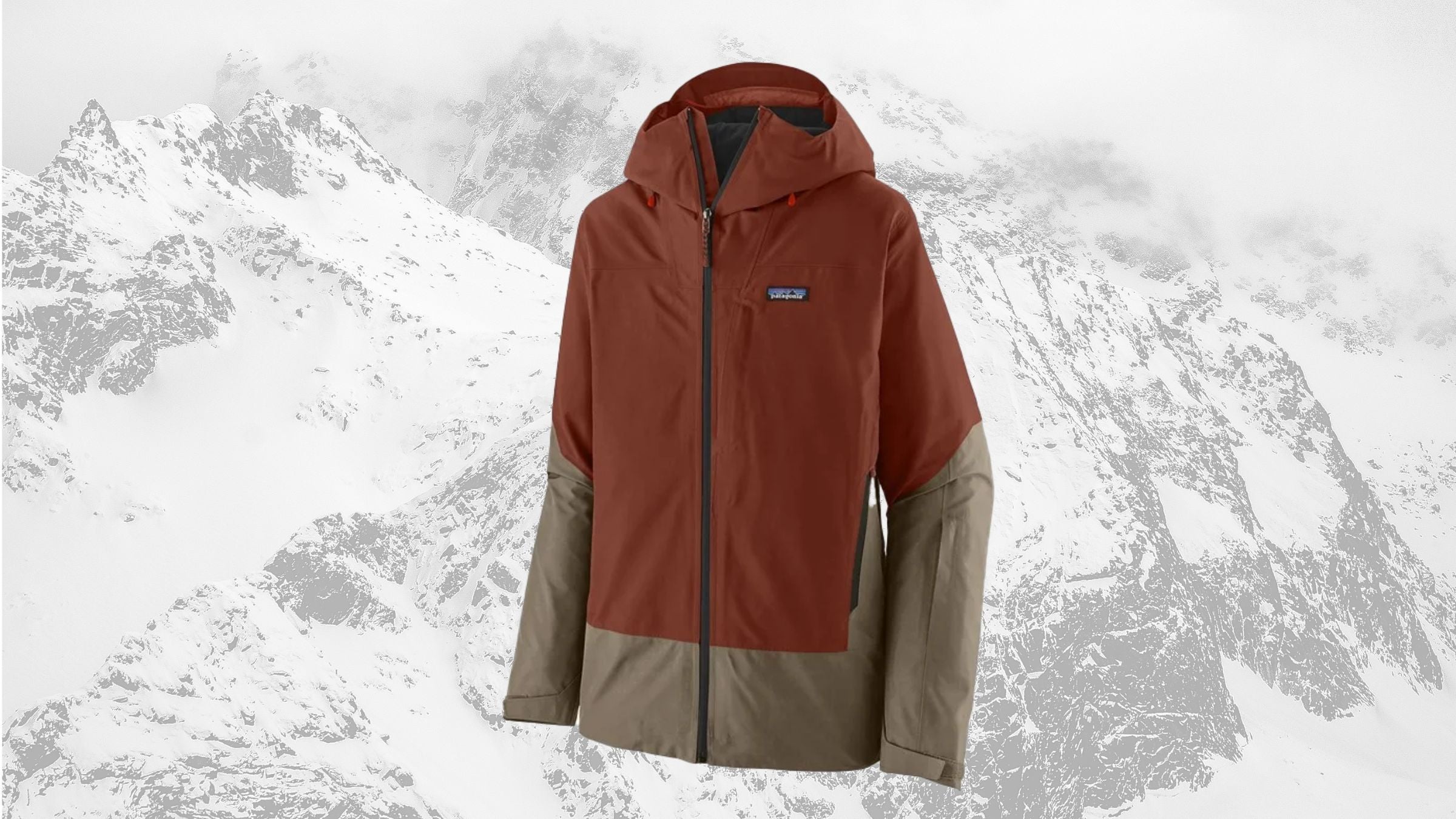 Patagonia Storm Shift ski jacket, rust color, on mountain background