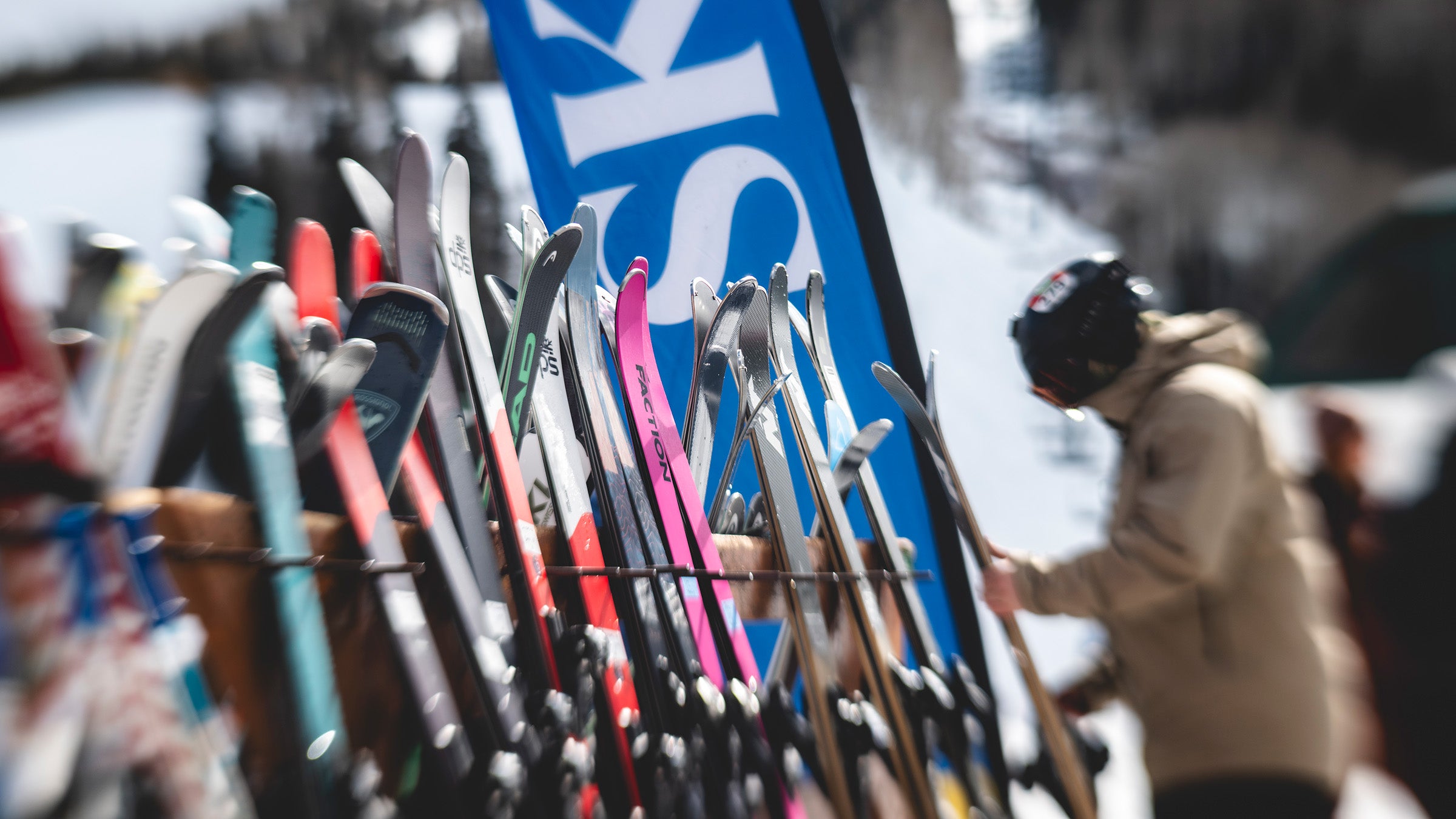 Skis lined up on ski rack at 2026 SKI Test in Deer Valley, Utah