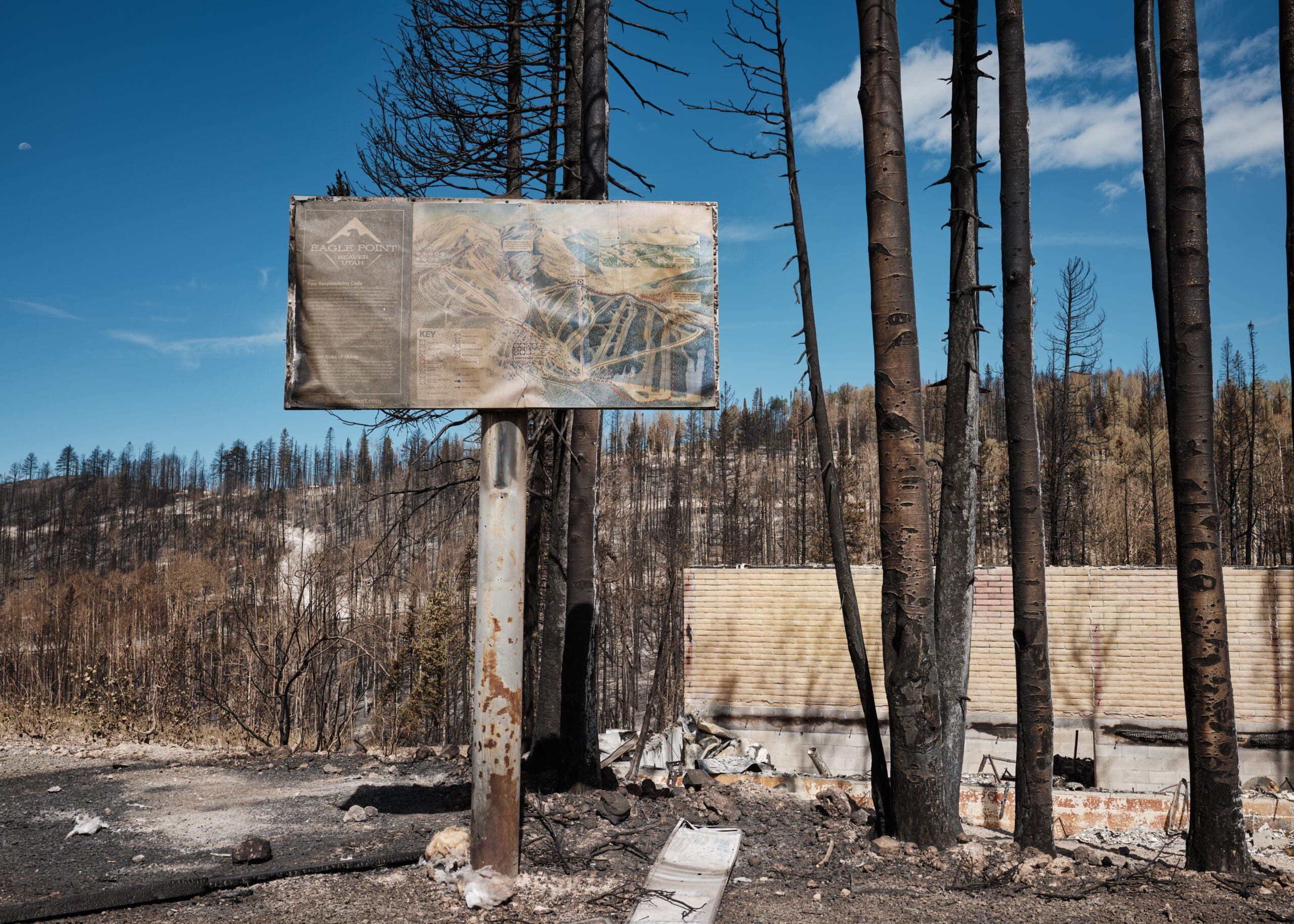 Charred chairlift sign