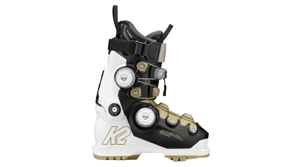 Closeup of white and black 2027 K2 Anthem AF Zonal BOA women's ski boon on white background