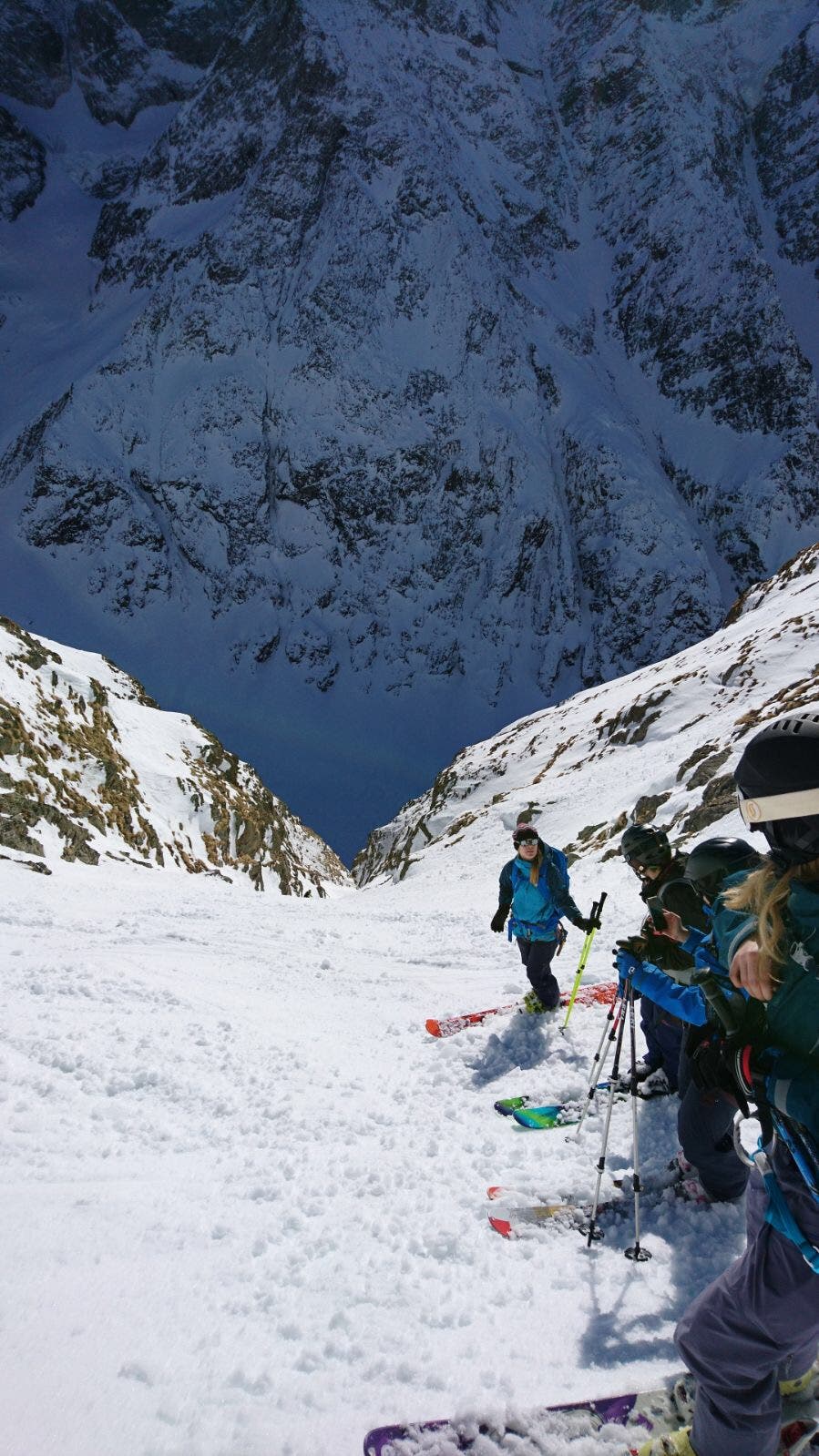 Erin Smart guiding clients down the Couloir Olympique in La Grave, on the way to St. Christophe