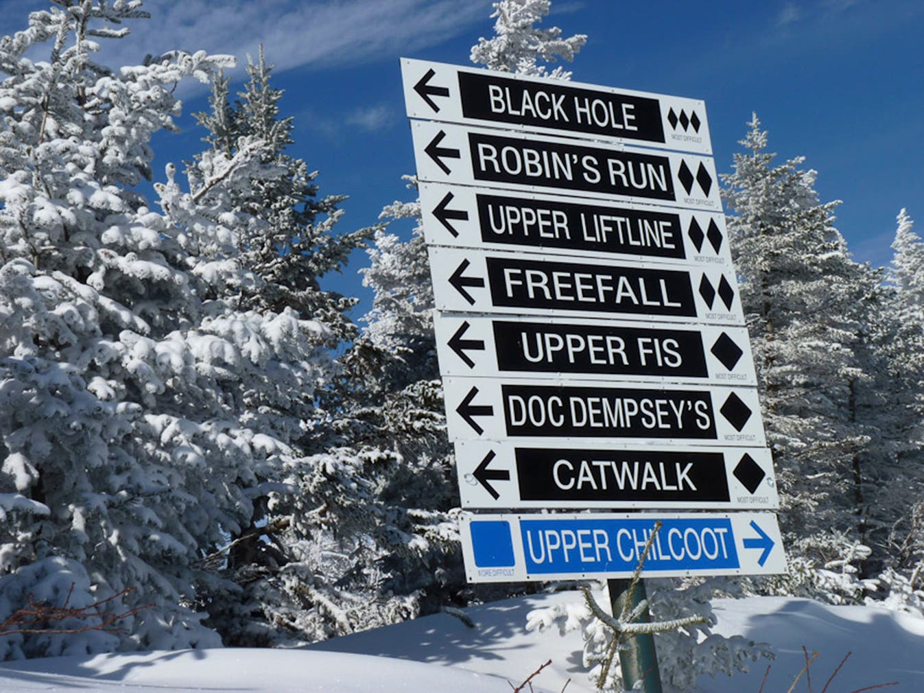Trail sign featureing triple back diamond resorts